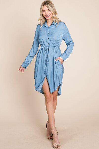 Faith Apparel Button Up Drawstring Shirt Dress - AMIClubwear