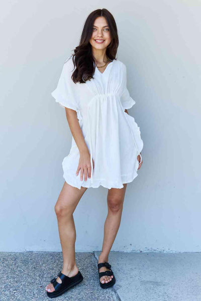Ninexis Out Of Time Full Size Ruffle Hem Dress with Drawstring Waistband in White - AMIClubwear