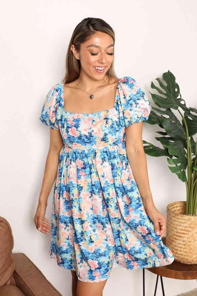 Double Take Floral Square Neck Puff Sleeve Dress - AMIClubwear