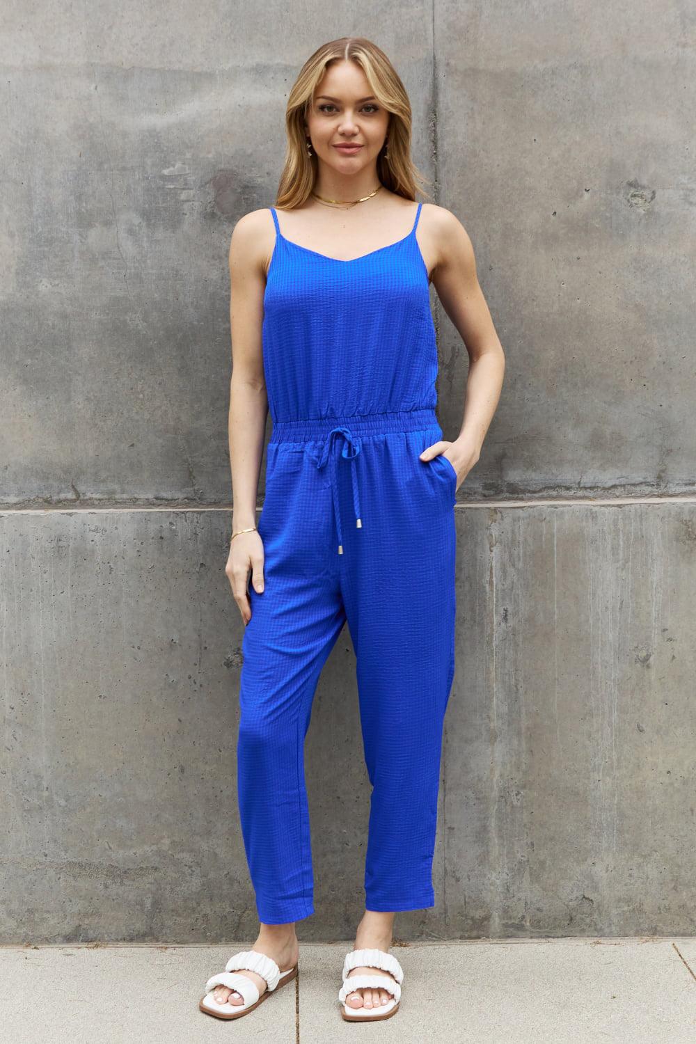 ODDI Full Size Textured Woven Jumpsuit in Royal Blue - AMIClubwear