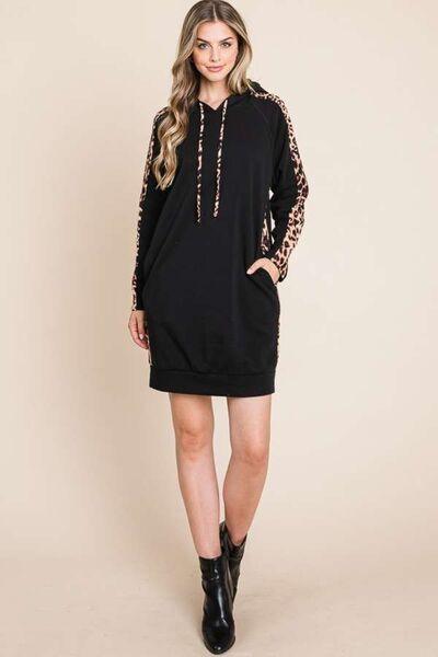 Culture Code Drawstring Leopard Long Sleeve Hooded Dress - AMIClubwear