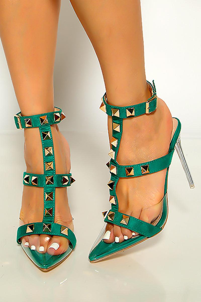 Emerald Gold Studs Pointy Closed Toe T Strap Heels - AMIClubwear