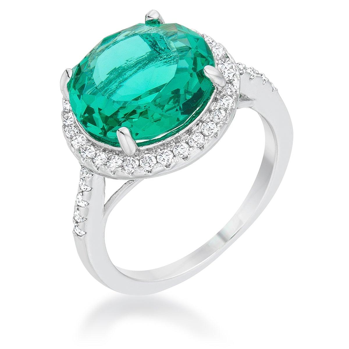 Emie 7.3ct Blue Green CZ Rhodium Classic Ring, <b>Size 5</b> - AMIClubwear