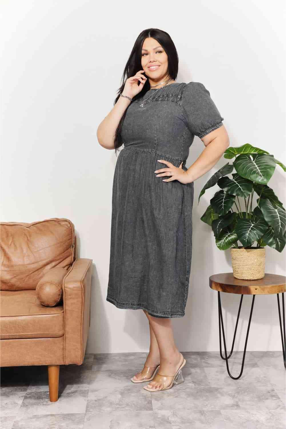 And The Why Full Size Washed Chambray Midi Dress - AMIClubwear
