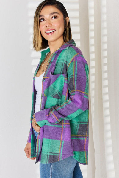 Zenana Plaid Button Up Long Sleeve Shacket - AMIClubwear