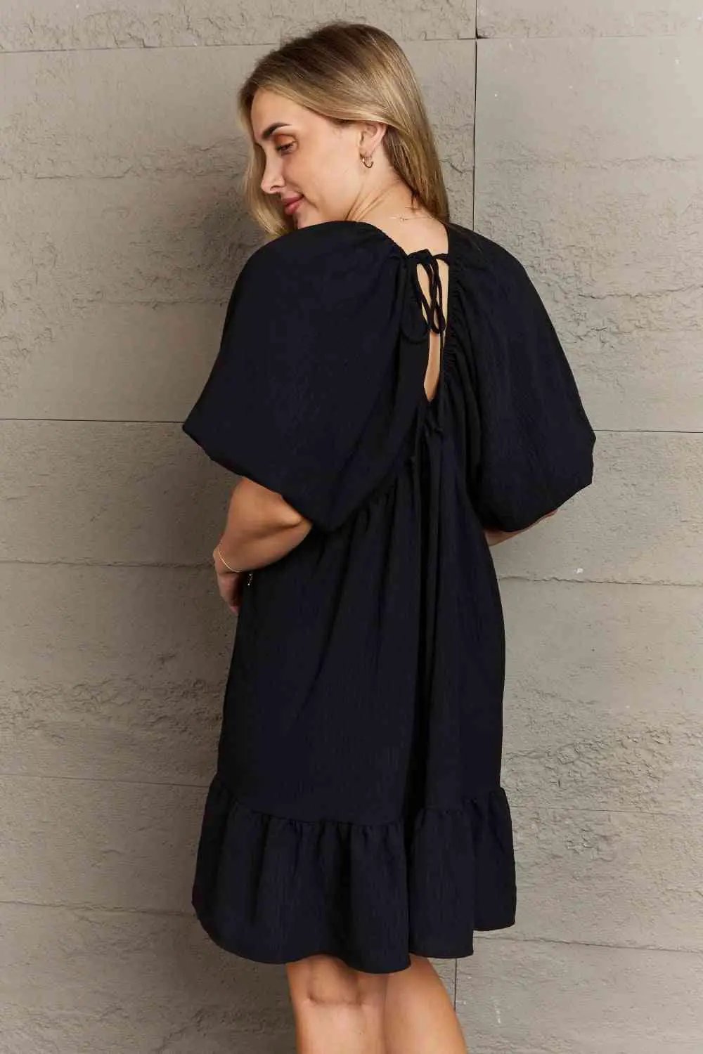 Hailey & Co Comfort Cutie Double V-Neck Puff Sleeve Mini Dress
