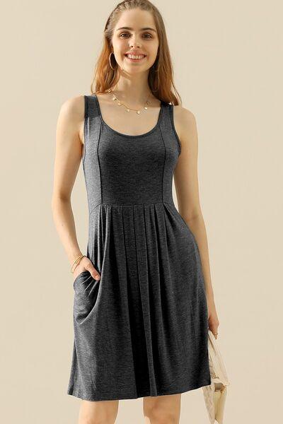 Doublju Full Size Round Neck Ruched Sleeveless Dress with Pockets - AMIClubwear