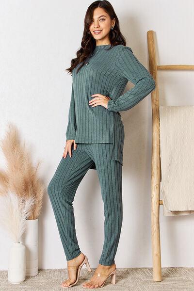 Basic Bae Full Size Ribbed Round Neck High-Low Slit Top and Pants Set - AMIClubwear
