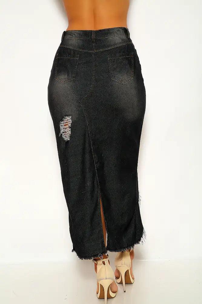 Faded Black Denim Distressed Skirt - AMIClubwear