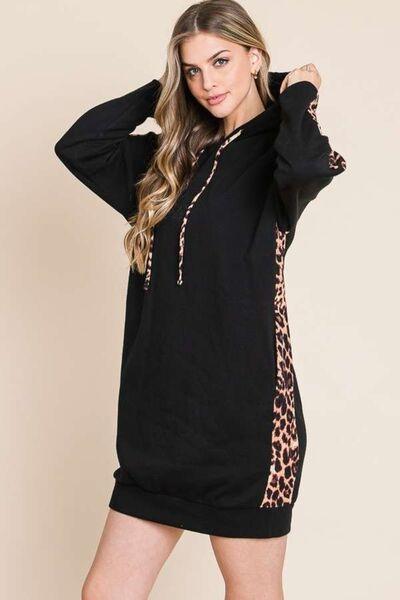 Culture Code Drawstring Leopard Long Sleeve Hooded Dress - AMIClubwear