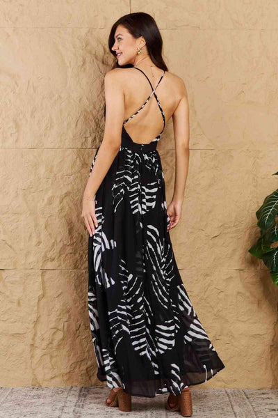 OneTheLand Black Leaf Printed Maxi Dress - AMIClubwear