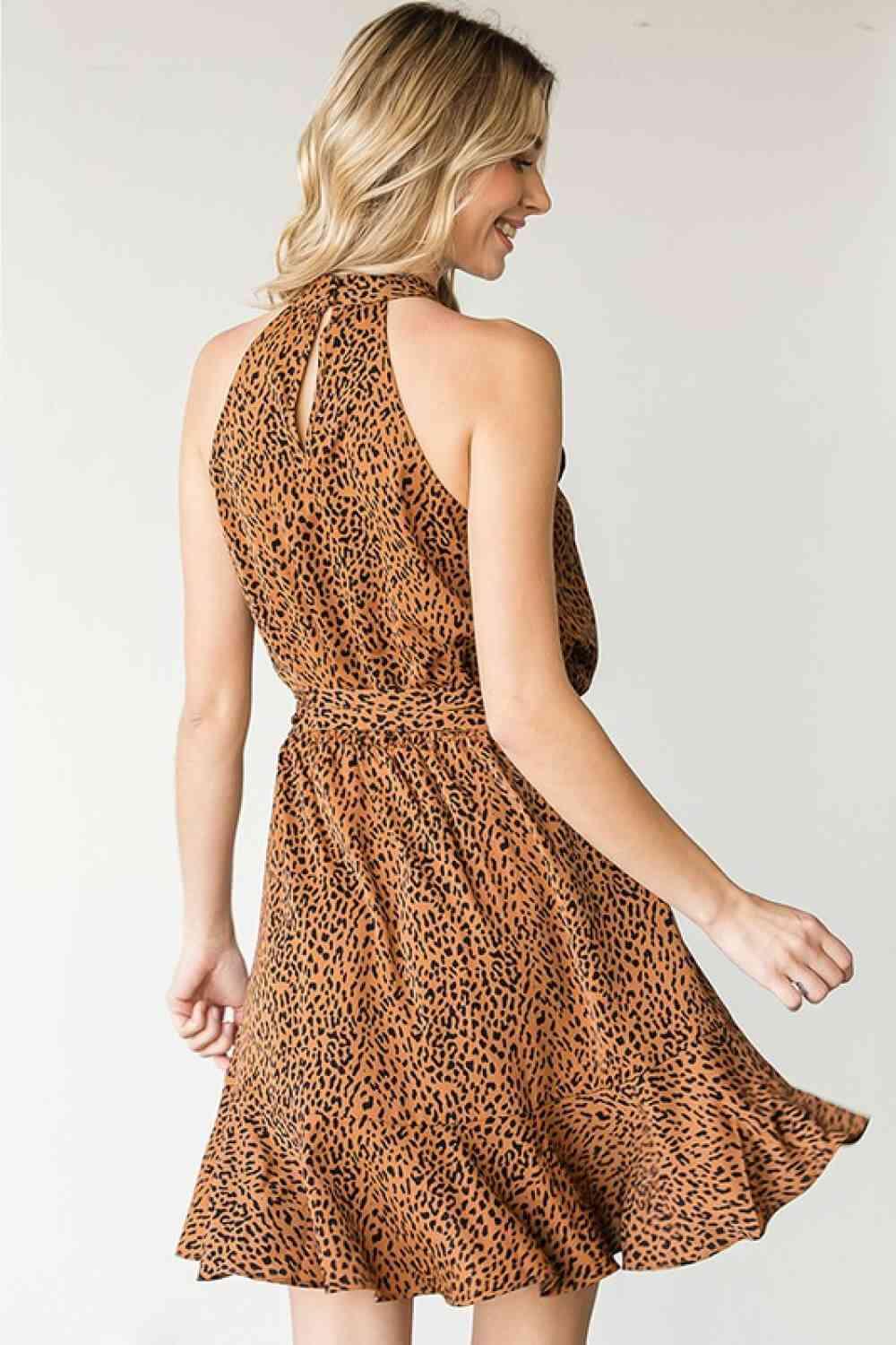 First Love Full Size Leopard Belted Sleeveless Dress - AMIClubwear