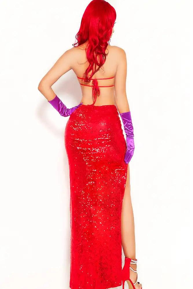 Fiery Red Sequin Side Slit Maxi 2 Piece Costume - AMIClubwear