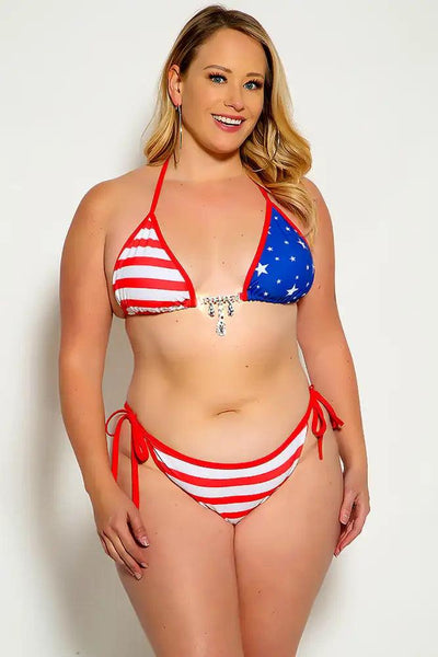 Flag Red Halter Embellished Rhinestone Detail Two Piece Plus Size Swimsuit - AMIClubwear