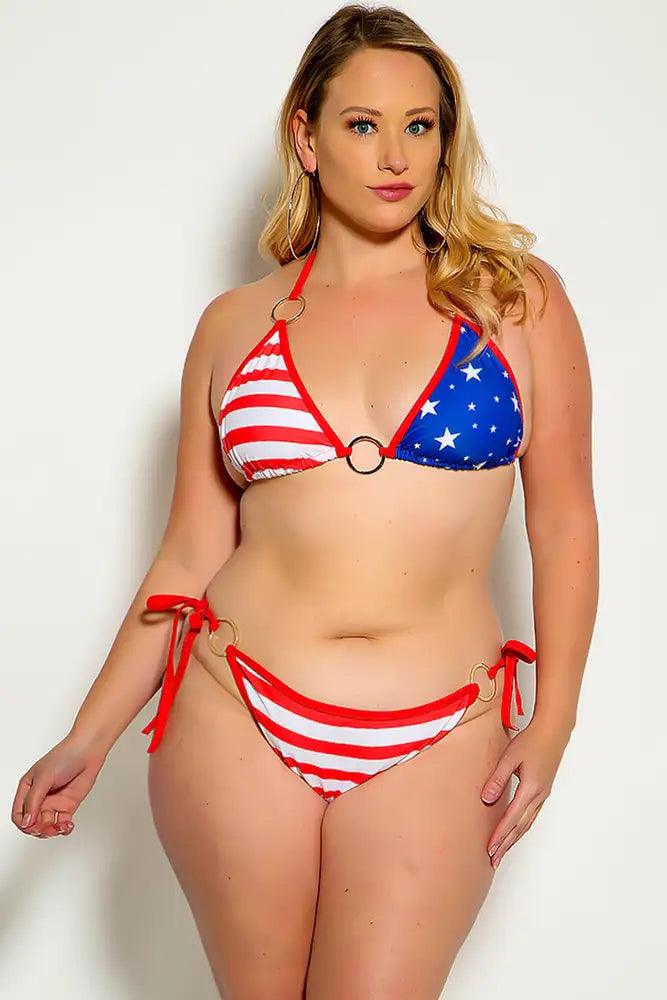 Flag Red Print O-Ring Sexy Plus Size Two Piece Swimsuit - AMIClubwear
