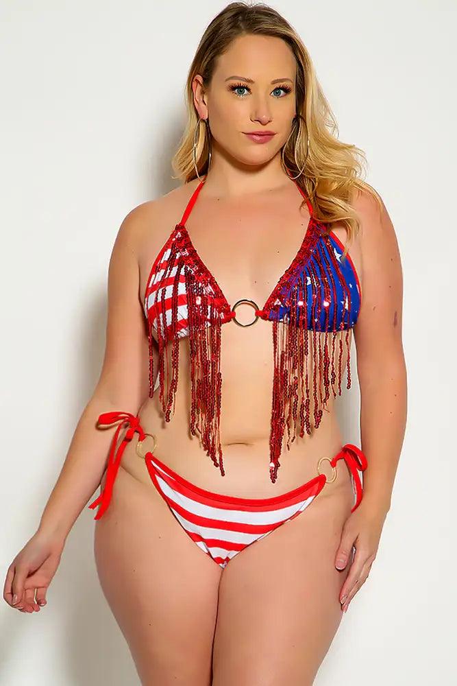 Flag Red Sequin Fringe O-Ring Plus Size Two Piece Swimsuit - AMIClubwear