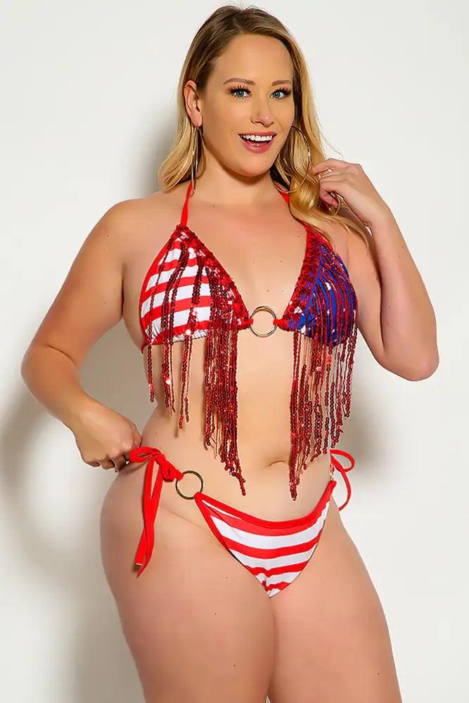 Flag Red Sequin Fringe O-Ring Plus Size Two Piece Swimsuit - AMIClubwear