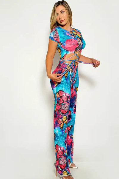 Floral Butterfly Lace Up Jump Suit - AMIClubwear