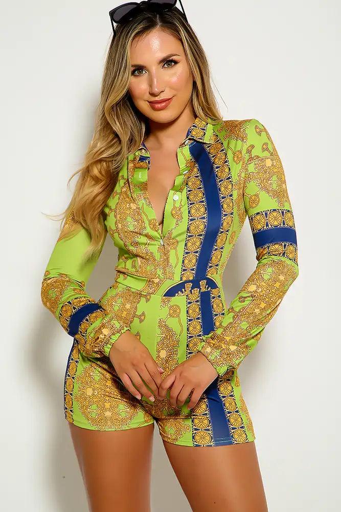 Floral Graphic Print Long Sleeve Romper - AMIClubwear