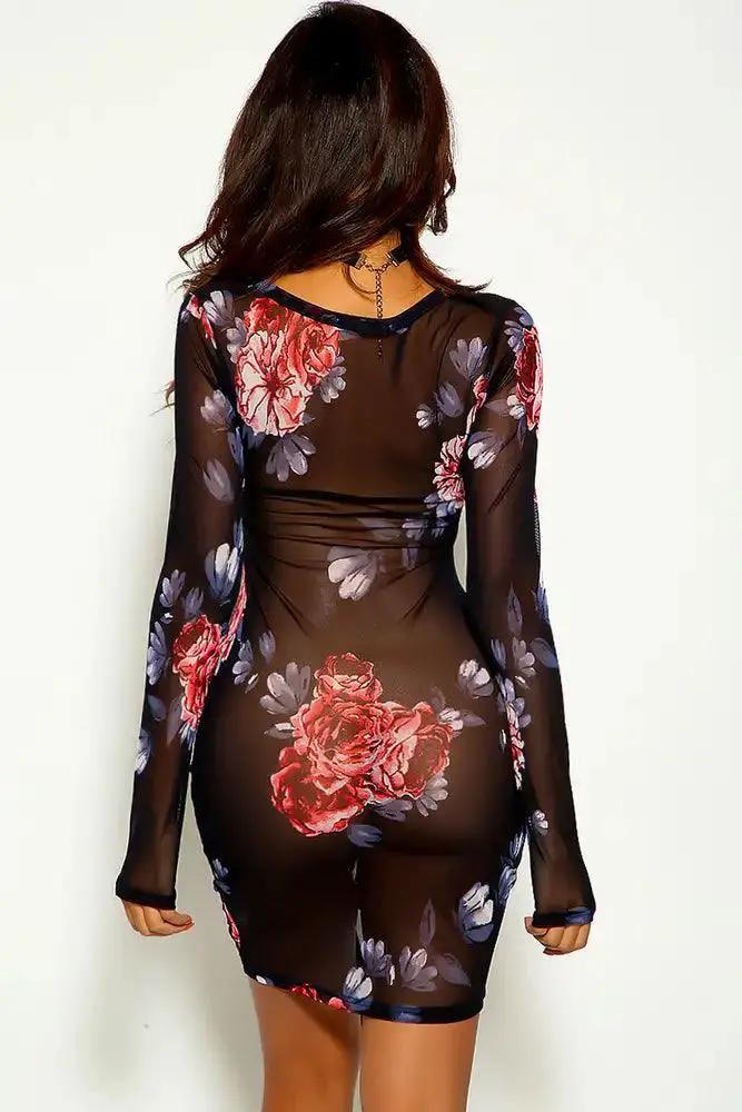 Floral Long Sleeve Ruched Mesh party Dress