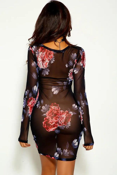 Floral Long Sleeve Ruched Mesh party Dress - AMIClubwear