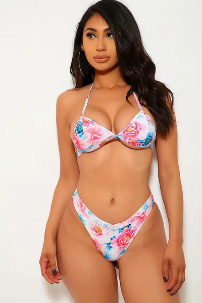 Floral Print Halter Tie Bikini Two Piece Swimsuit - AMIClubwear
