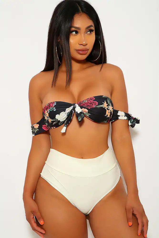 Floral Print White Two Piece Swimsuit - AMIClubwear