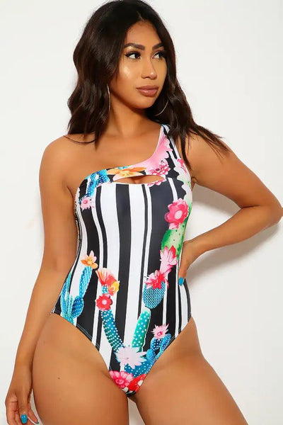 Floral Stripe Cut Out One Shoulder One Piece Swimsuit - AMIClubwear