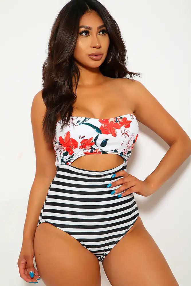 Floral Striped One Piece Swimsuit - AMIClubwear