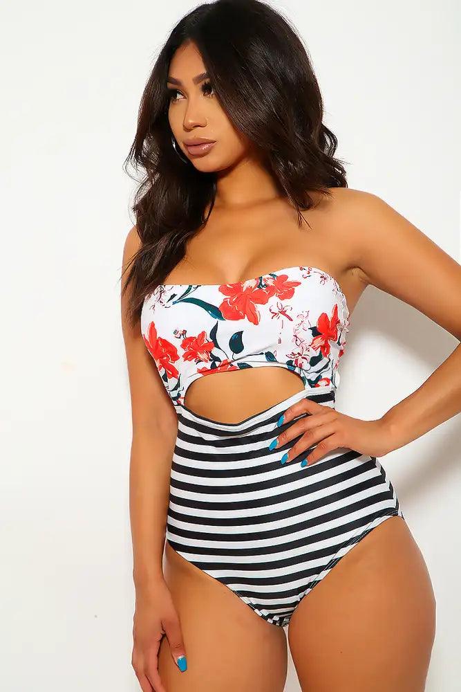 Floral Striped One Piece Swimsuit - AMIClubwear