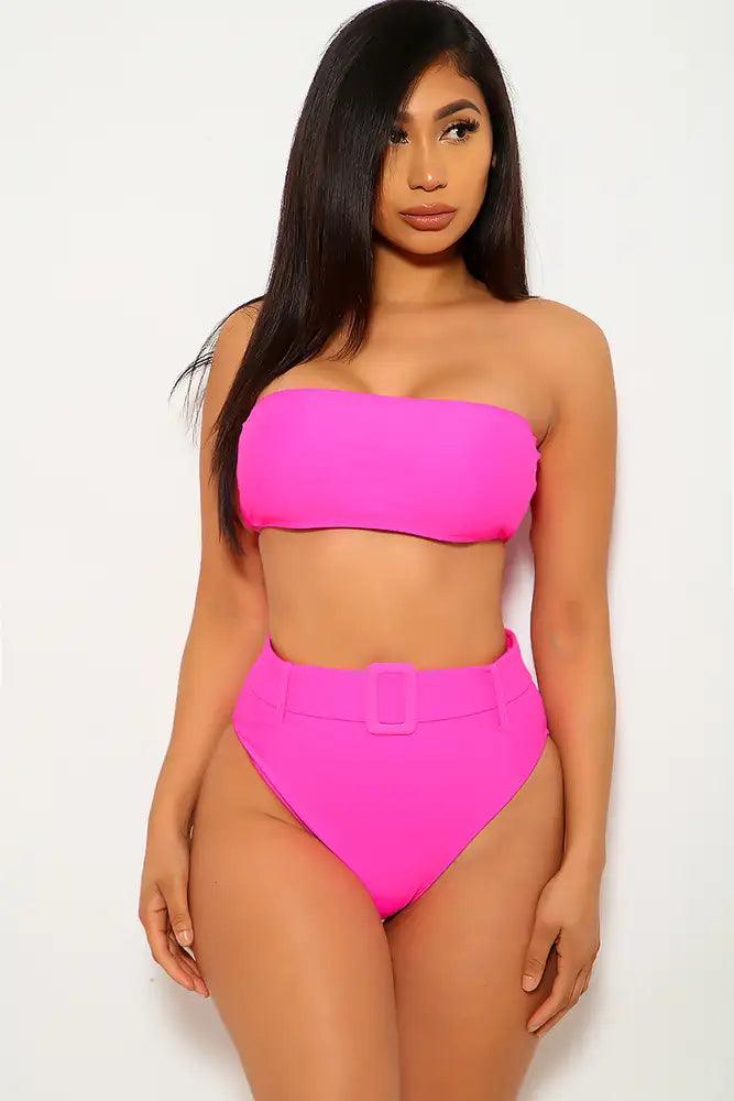 Fuchsia Bandeau Belted Two Piece Swimsuit - AMIClubwear