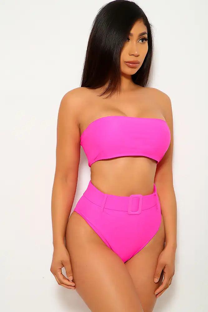 Fuchsia Bandeau Belted Two Piece Swimsuit - AMIClubwear