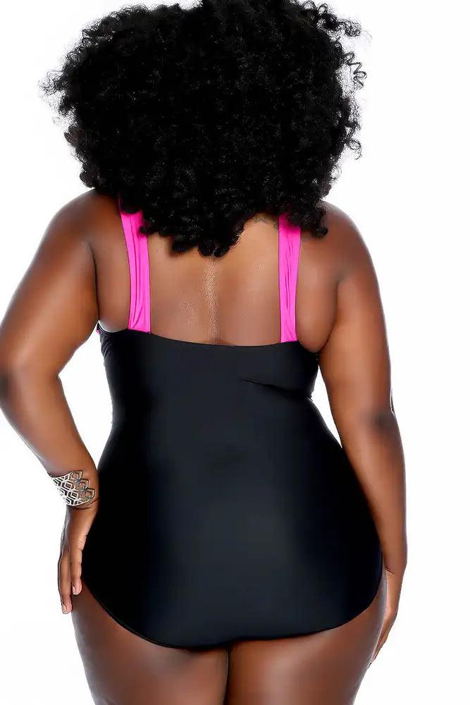 Fuchsia Black Criss Cross Center Modest One Piece Swimsuit Plus - AMIClubwear