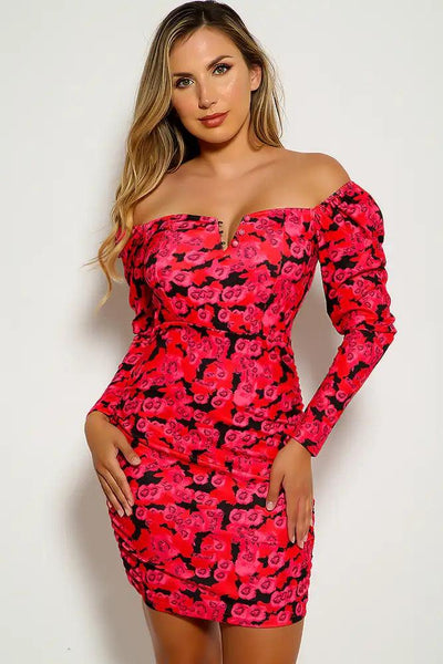 Fuchsia Black Floral Print Off The Shoulder Party Dress - AMIClubwear