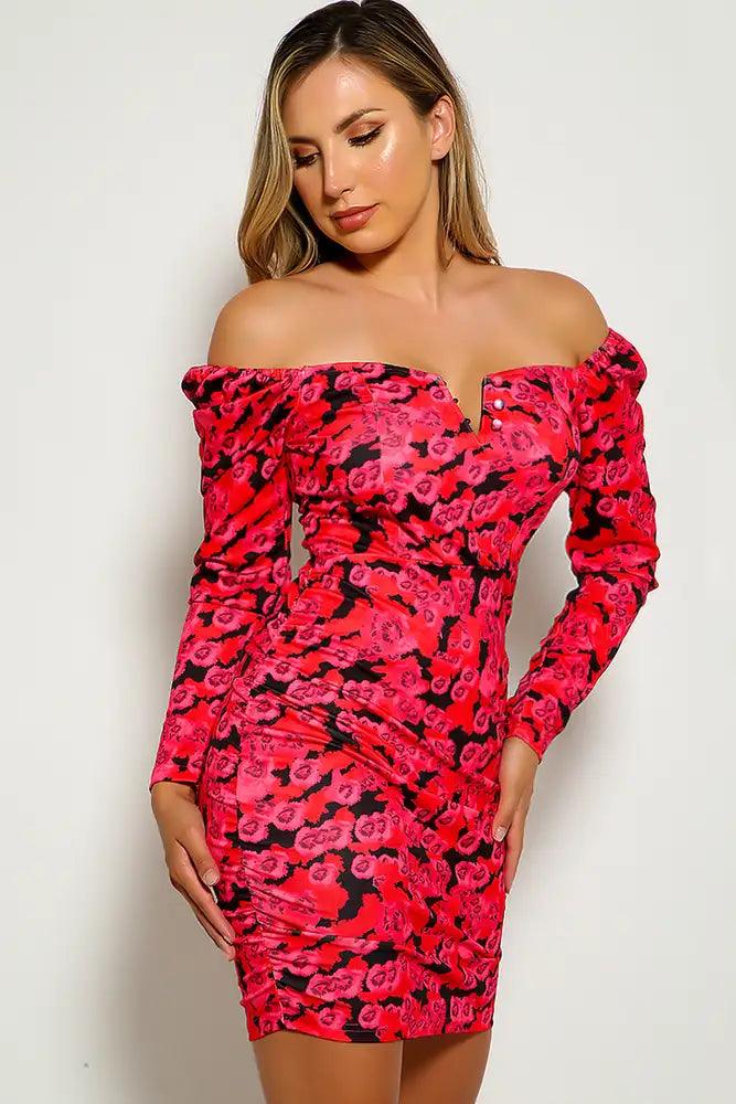 Fuchsia Black Floral Print Off The Shoulder Party Dress - AMIClubwear