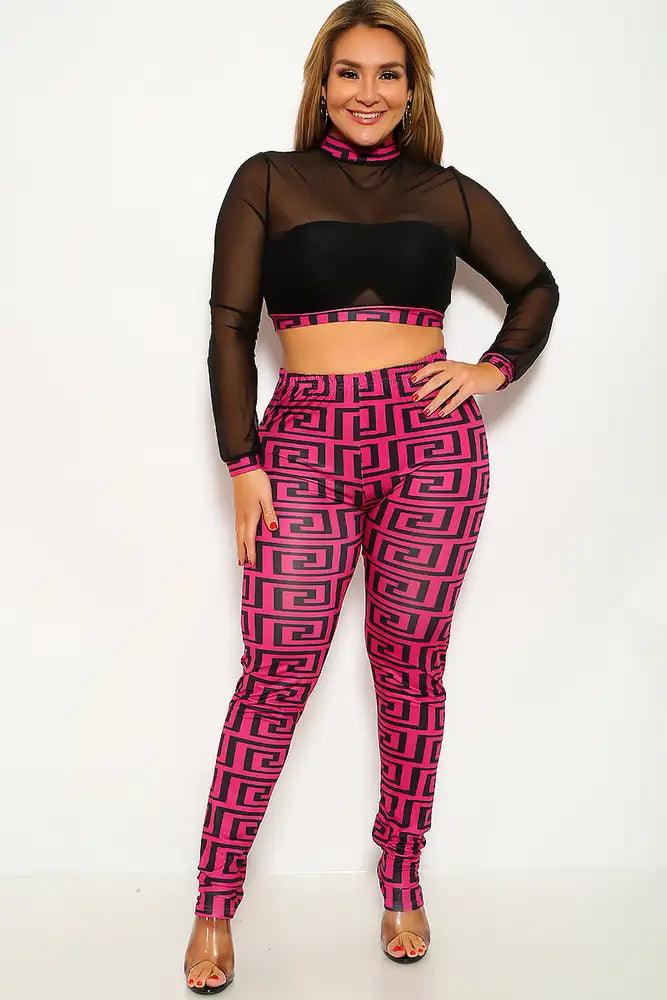 Fuchsia Black Geometric Print Plus Size Two Piece Outfit - AMIClubwear