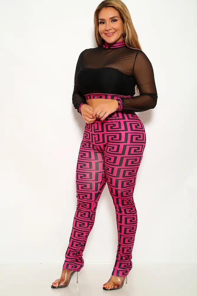 Fuchsia Black Geometric Print Plus Size Two Piece Outfit - AMIClubwear