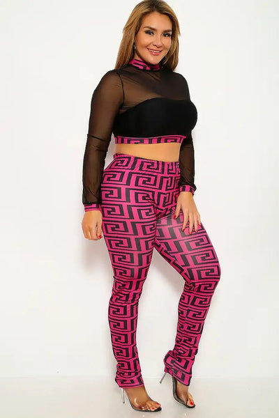 Fuchsia Black Geometric Print Plus Size Two Piece Outfit - AMIClubwear