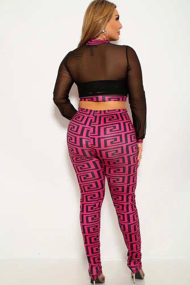 Fuchsia Black Geometric Print Plus Size Two Piece Outfit - AMIClubwear