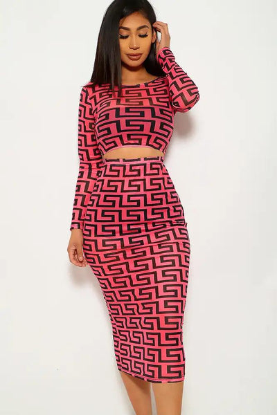 Fuchsia Black Geometric Print Two Piece Dress - AMIClubwear