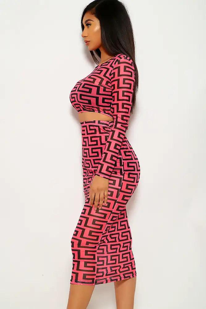 Fuchsia Black Geometric Print Two Piece Dress - AMIClubwear