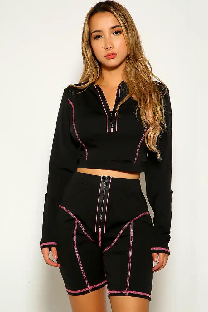 Fuchsia Black Long Sleeve Two Piece Outfit - AMIClubwear