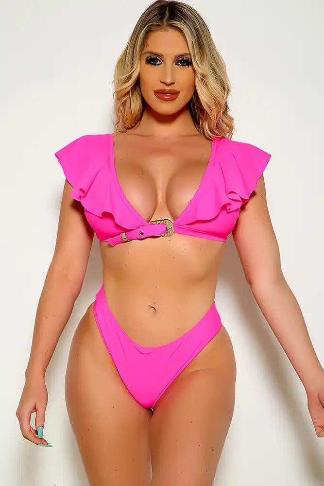 Fuchsia Black Ruffled Belted Two Piece Bikini - AMIClubwear