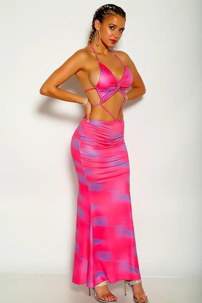 Fuchsia Blue Halter Sleeveless Strappy Cropped Two piece Maxi Dress - AMIClubwear