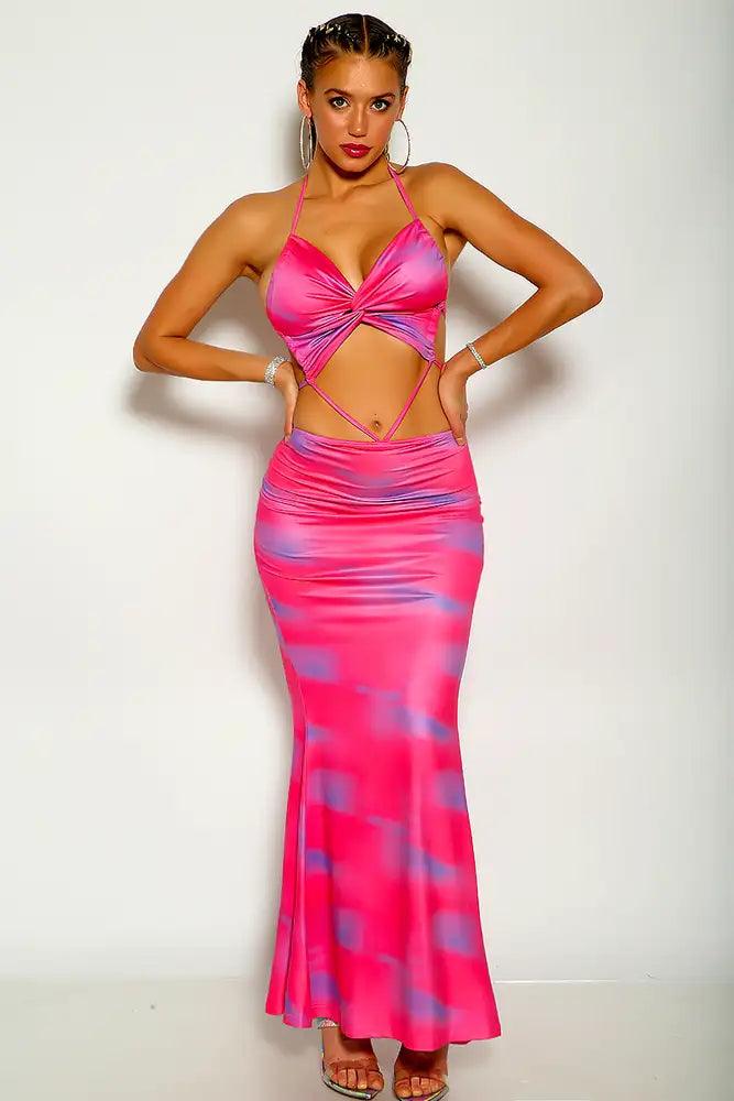 Fuchsia Blue Halter Sleeveless Strappy Cropped Two piece Maxi Dress - AMIClubwear