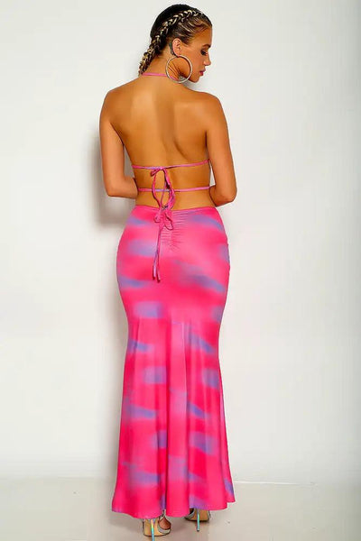 Fuchsia Blue Halter Sleeveless Strappy Cropped Two piece Maxi Dress - AMIClubwear