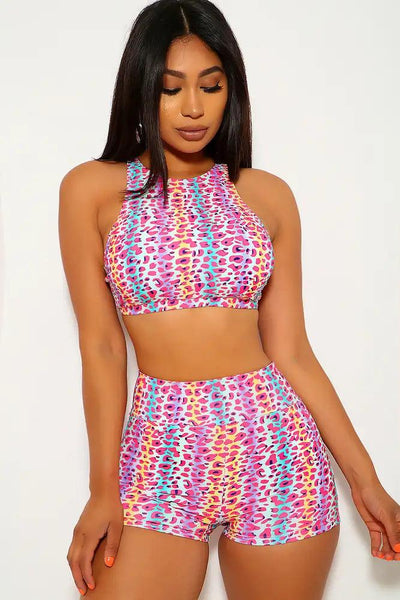 Fuchsia Blue Leopard Print Two Piece Swimsuit - AMIClubwear