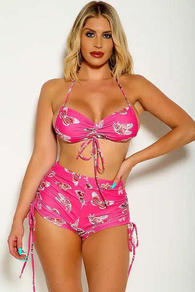 Fuchsia Butterfly Print Halter Sexy Two Piece Swimsuit - AMIClubwear
