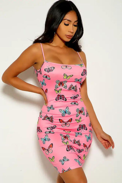 Fuchsia Butterfly Print Sleeveless Party Dress - AMIClubwear