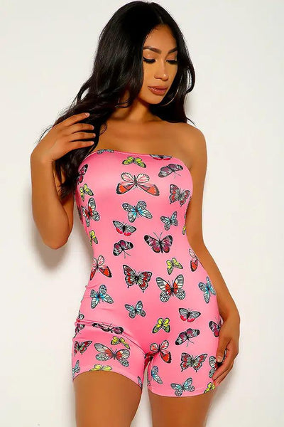 Fuchsia Butterfly Print Strapless Romper - AMIClubwear